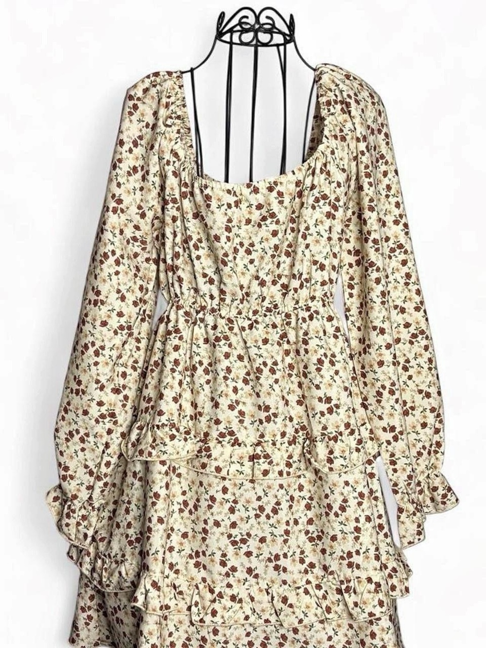 Cream Floral Puff-Sleeve Ruffle Midi Dress